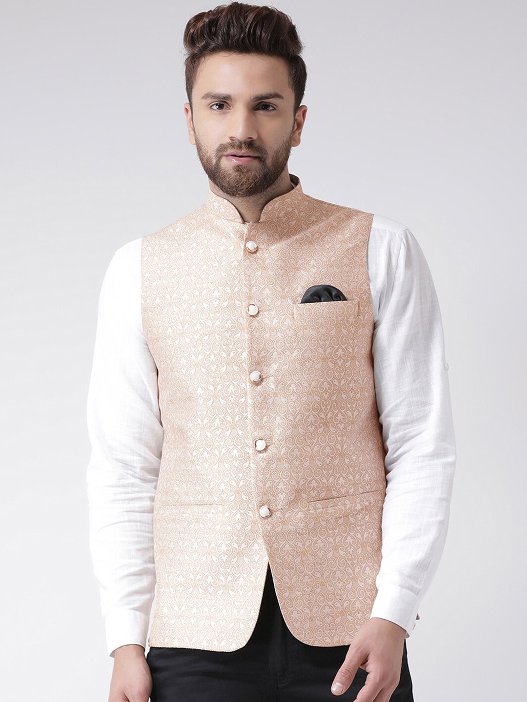 

Hangup Men Beige Woven Design Nehru Jacket