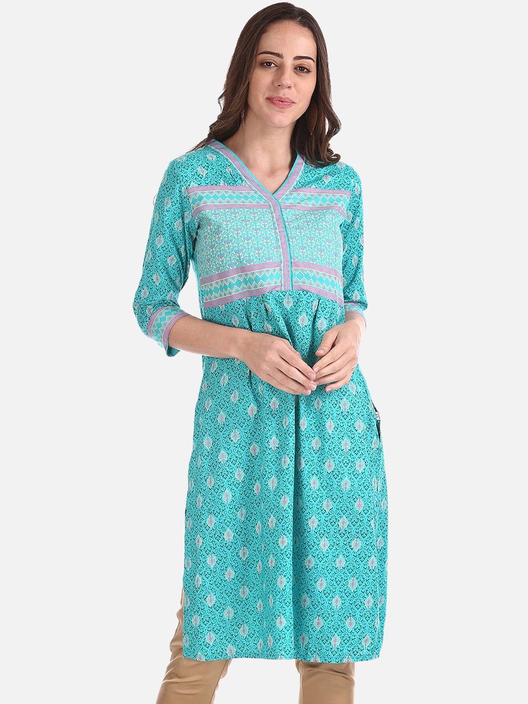 

Karigari Women Sea Green & Off-White Printed A-Line Kurta