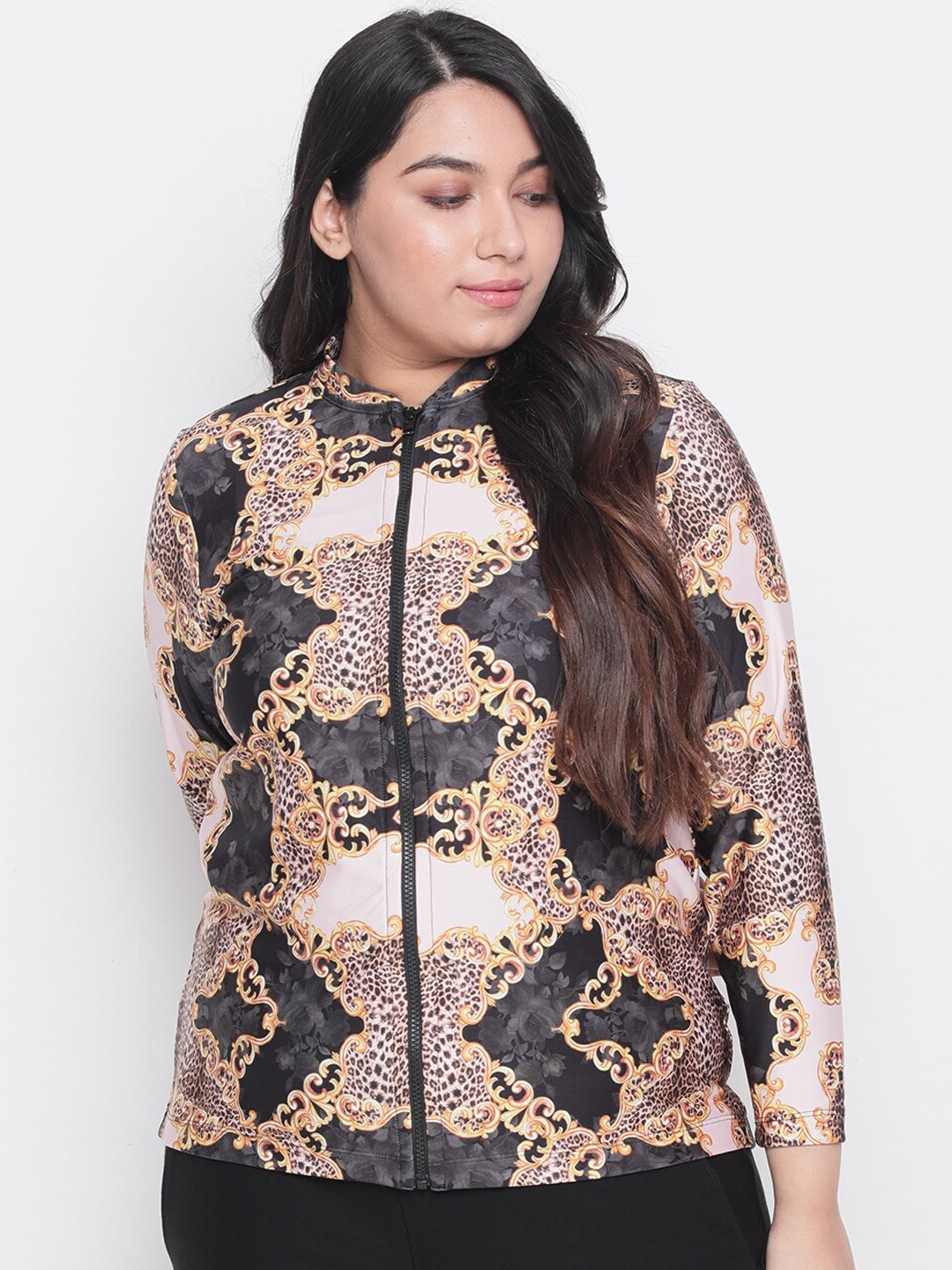 

Amydus Women Plus Size Black Printed Bomber Jacket