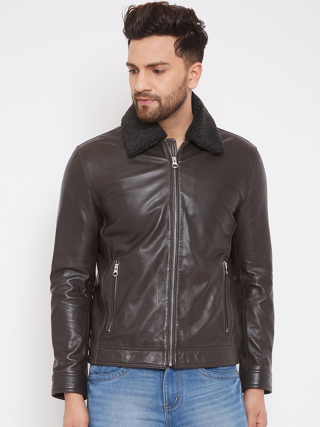 

Justanned Men Brown Solid Lightweight Leather Jacket