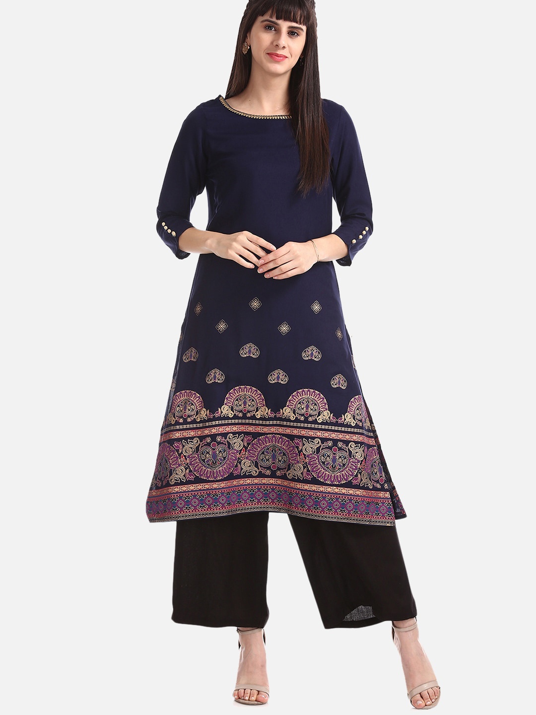 

Karigari Women Navy Blue Printed A-Line Kurta