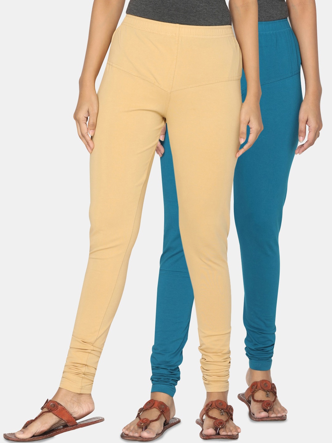 TSG Bliss Women Pack Of 2 Beige & Teal Solid Churidar-Length Leggings