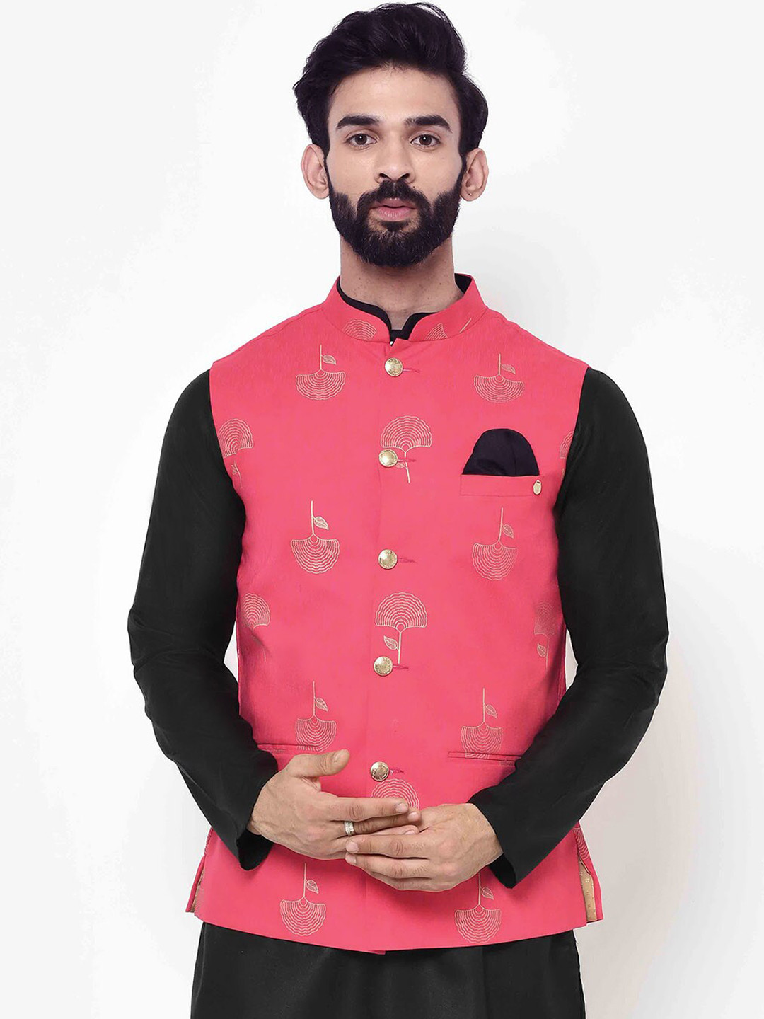 

Vartah Men Pink & Gold-Coloured Printed Woven Nehru Jacket