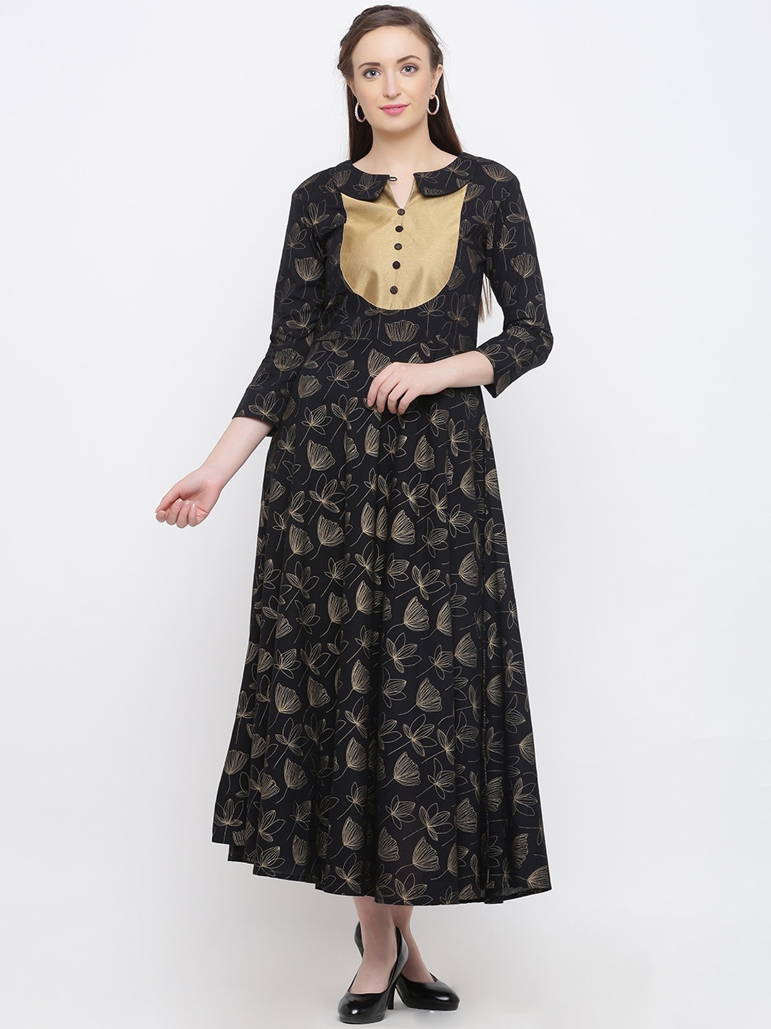 

Indian Virasat Women Black & Gold-Coloured Printed Ethnic Maxi Dress
