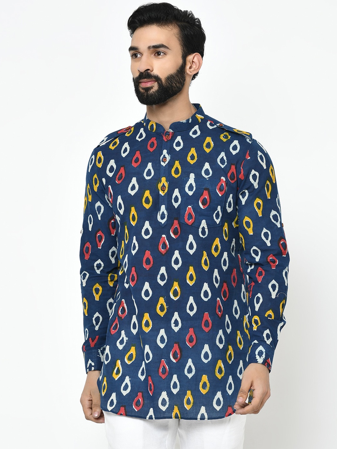 KISAH Men Printed Short Kurta, Navy blue