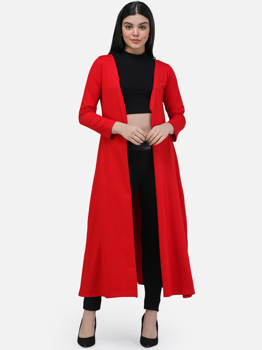 

SCORPIUS Women Red Solid Open-Front Longline Shrug