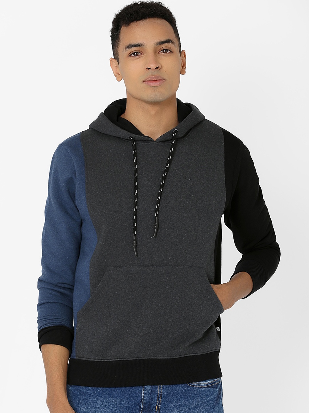 

MARCA Disati Men Blue & Grey Colourblocked Hooded Sweatshirt