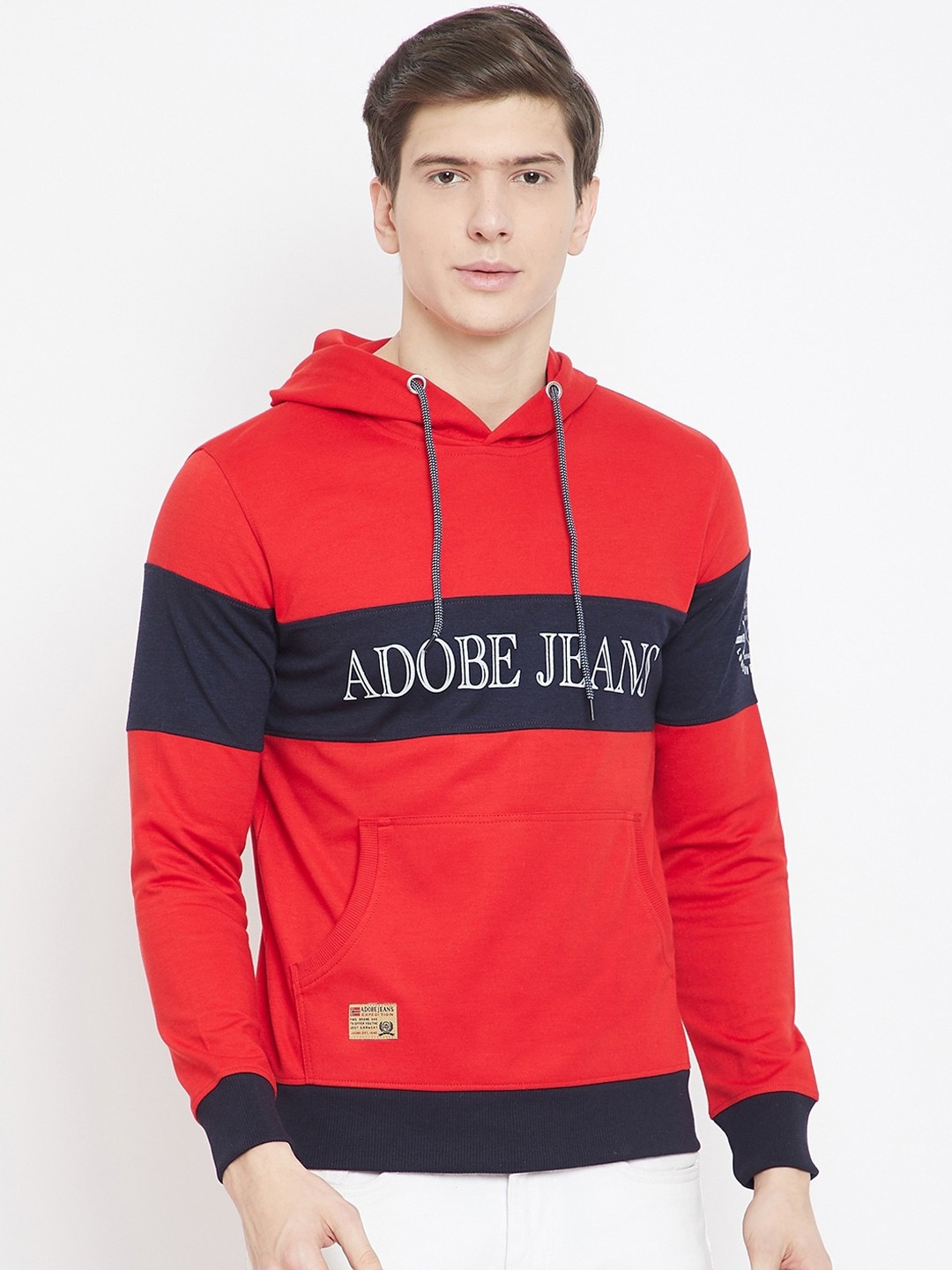 

Adobe Men Red & Navy Blue Colourblocked Hooded Sweatshirt