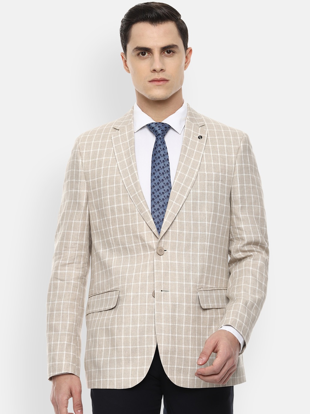 

Van Heusen Men Beige & White Checked Slim-Fit Single-Breasted Formal Blazer