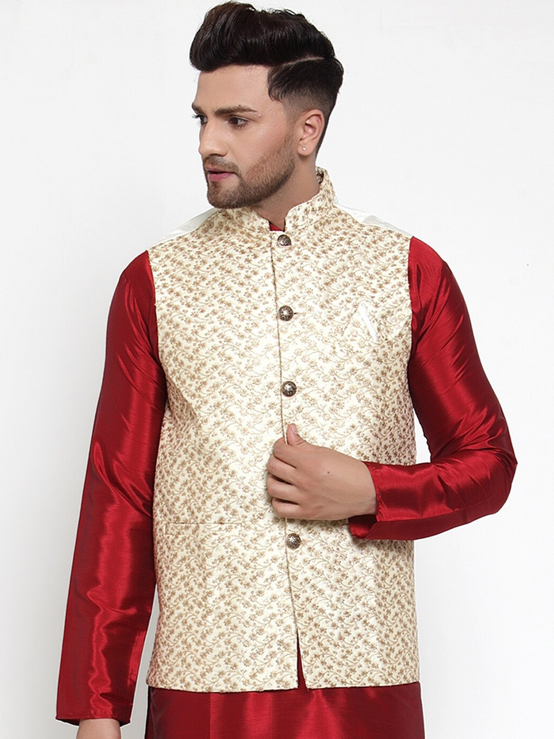 

Jompers Men Cream-Coloured Embroidered Regular Fit Nehru Jacket