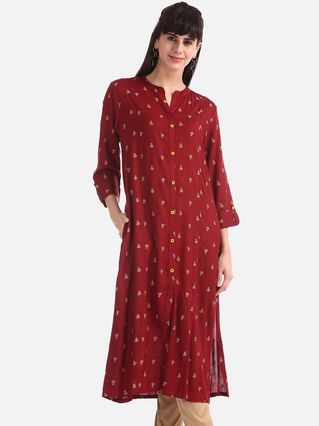 

Karigari Women Maroon & White Printed A-Line Kurta