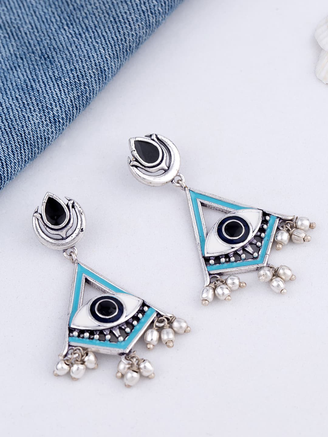 

Voylla Silver-Toned & Blue Geometric Drop Earrings