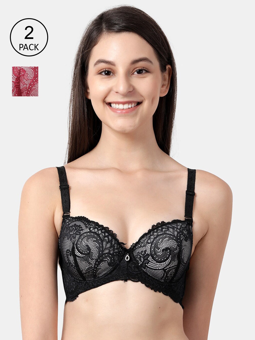 

Susie Women Pack Of 2 Solid Lace Underwired Lightly Padded Everyday Bras shy-com-48, Burgundy