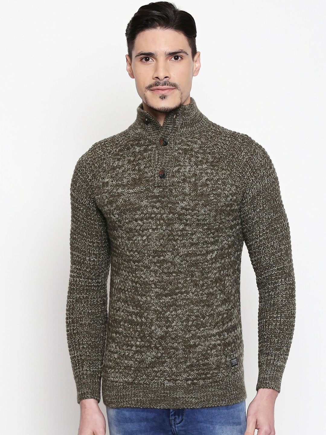 

Mufti Men Olive-Green & Grey Self-Design Pullover Sweater