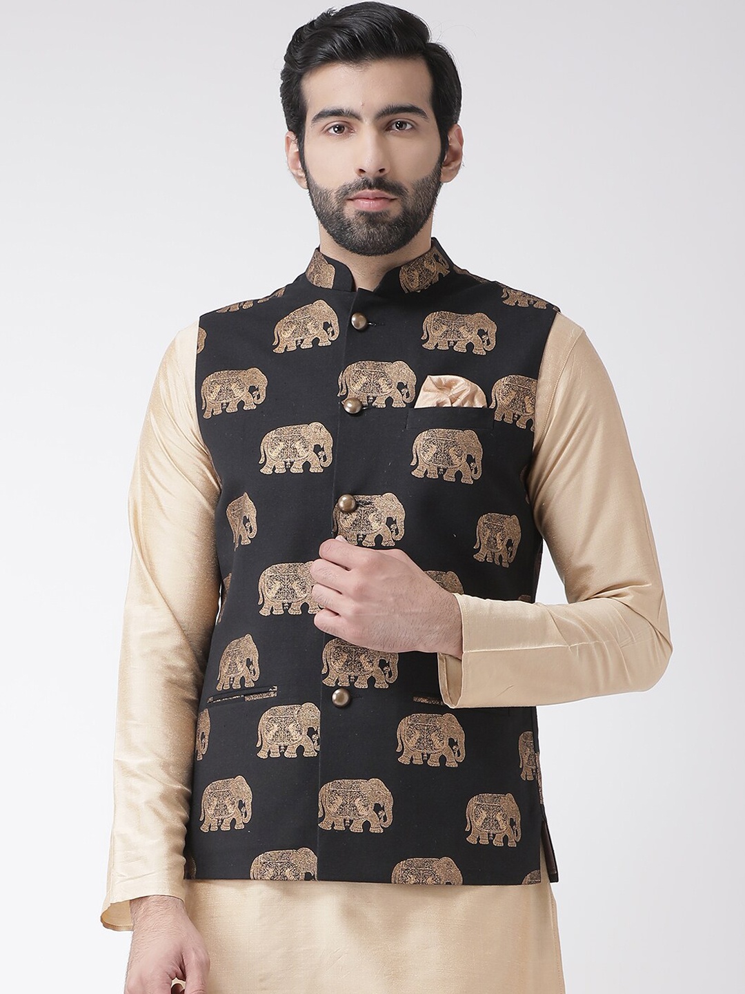 

Vartah Men Black Printed Nehru Jacket