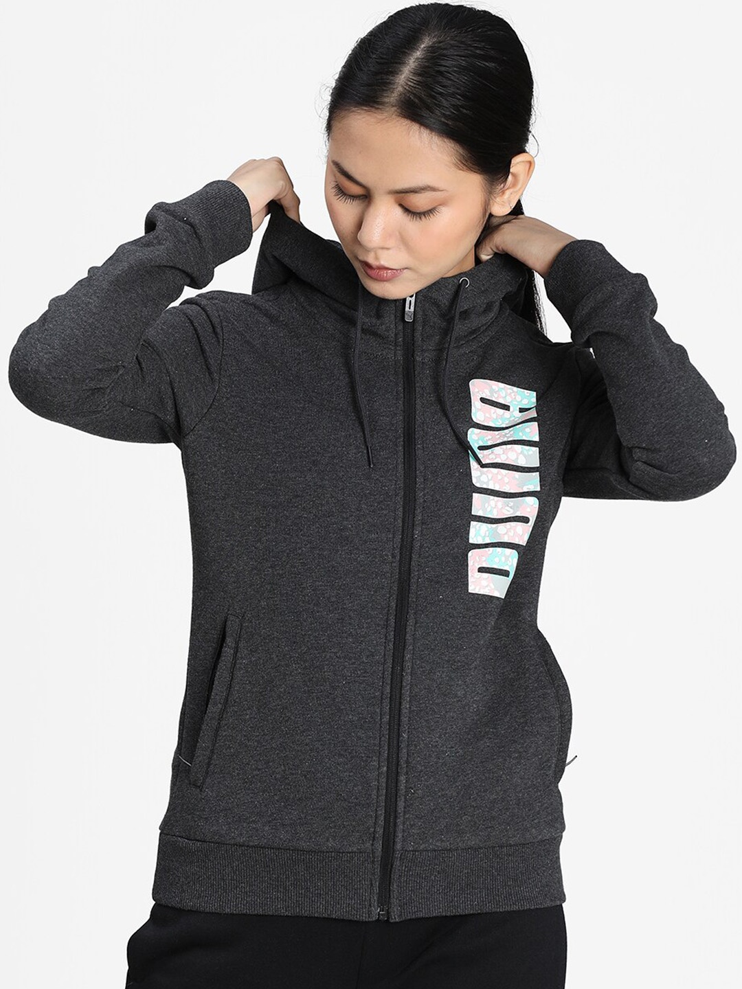 

Puma Women Grey Printed Bomber Hooded Jacket