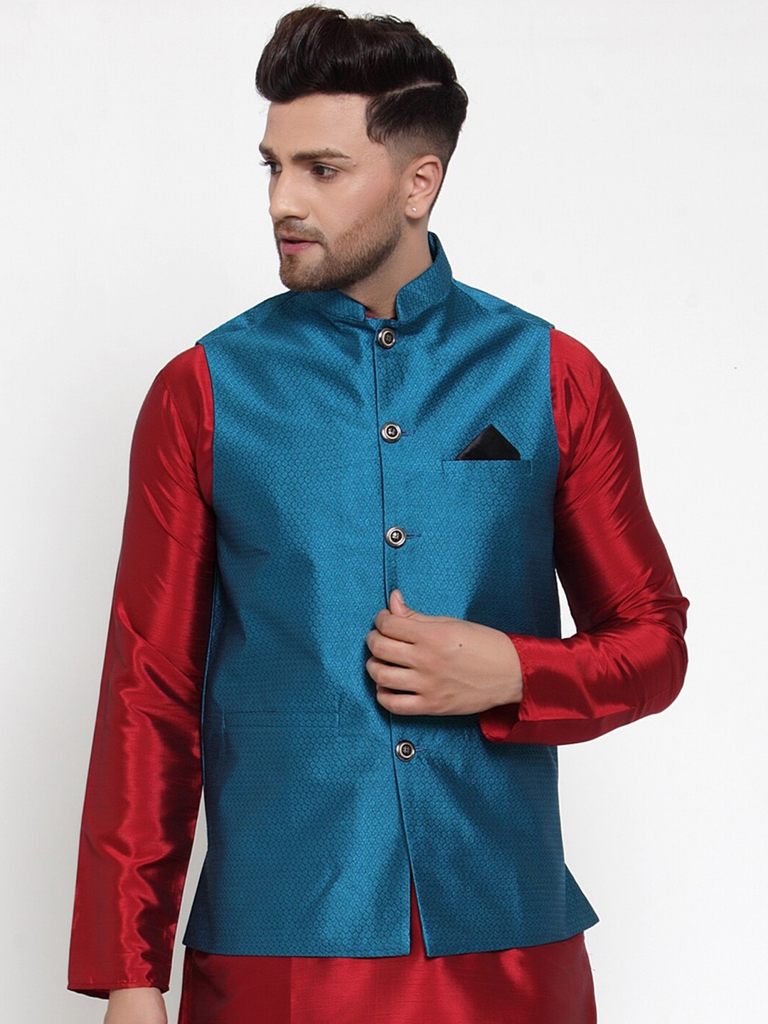 

Jompers Men Blue Woven Design Nehru Jacket
