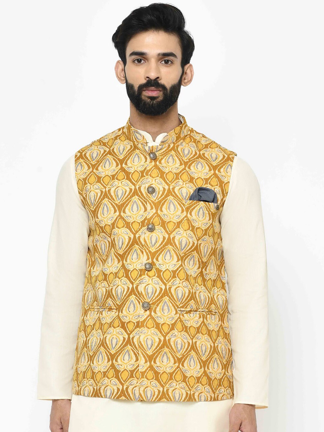 

Vartah Men Mustard Yellow Printed Nehru Jacket