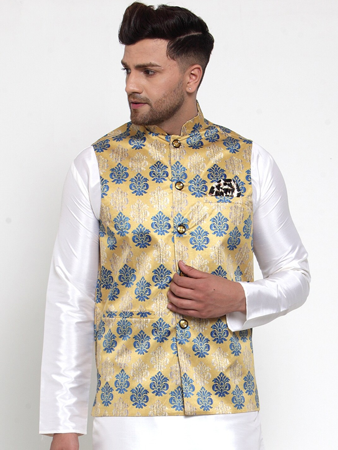 

Jompers Men Gold-Coloured Printed Nehru Jacket