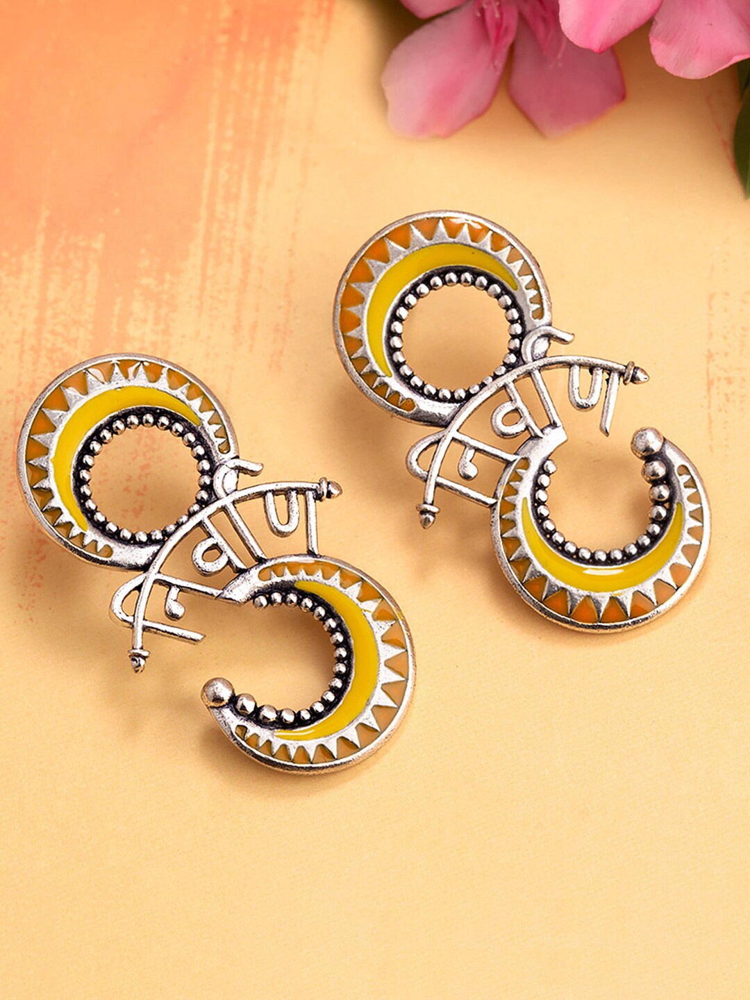 

Voylla Silver-Toned & Yellow Geometric Drop Earrings