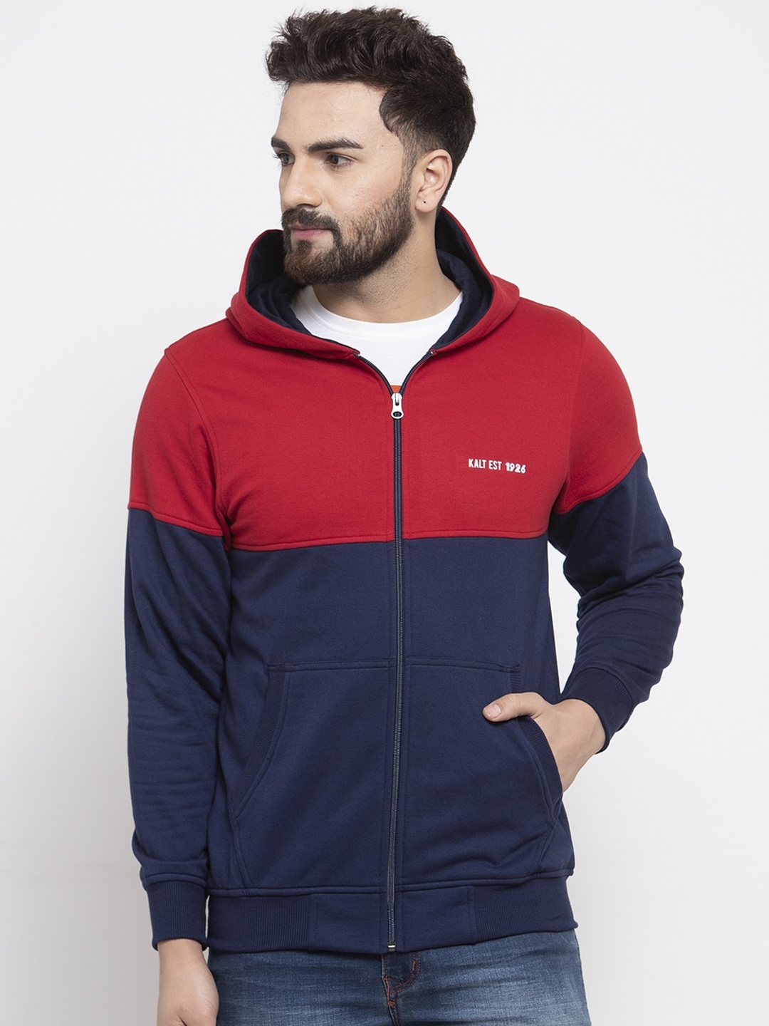 

Kalt Men Navy Blue & Red Colourblocked Sweatshirt