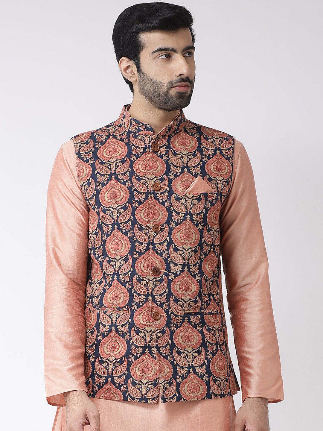 

Vartah Men Navy Blue & Pink Printed Nehru Jacket