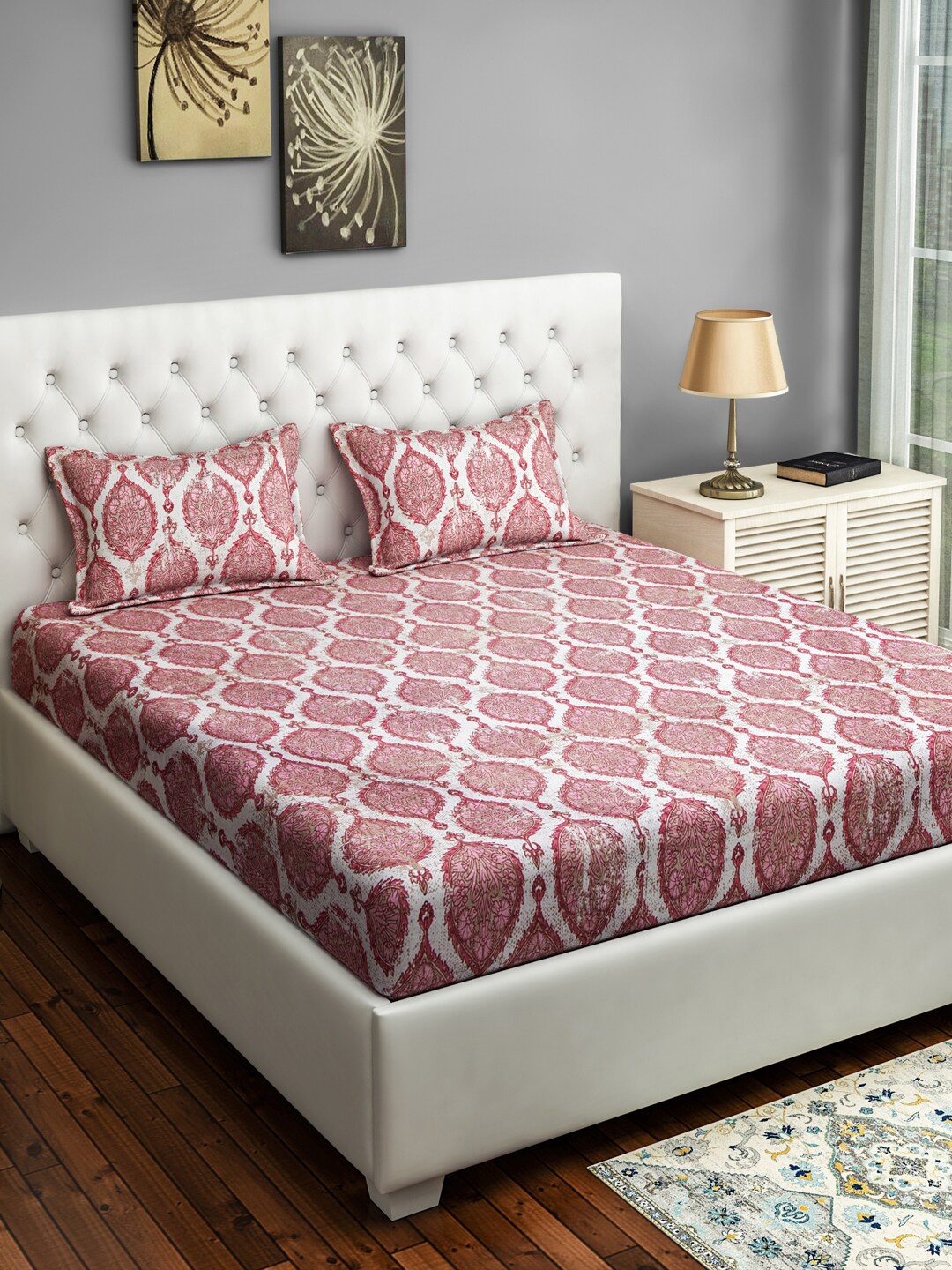 

SWAYAM Pink & White Cotton Double Queen Bedsheet With 2 Pillow Covers