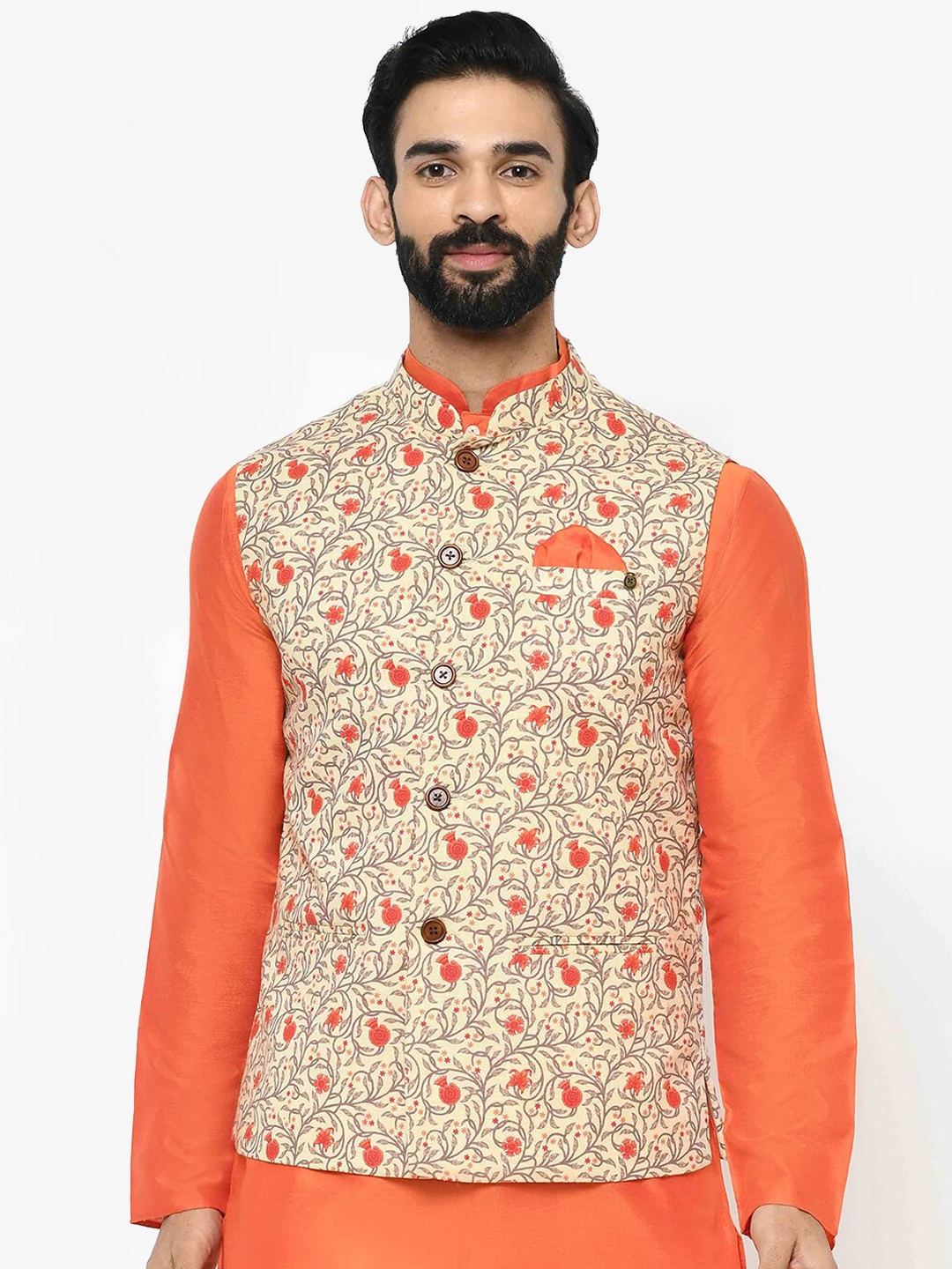 

Vartah Men Cream Coloured & Orange Printed Nehru Jacket