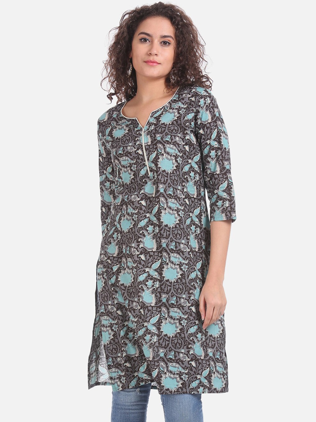 

Karigari Women Grey & Blue Floral Printed Straight Kurta