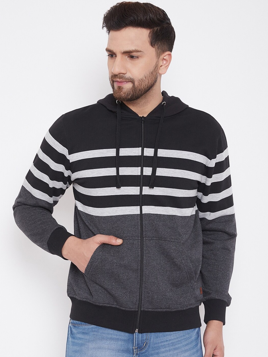 

Austin wood Men Charcoal Grey & Black Striped Hooded Sweatshirt
