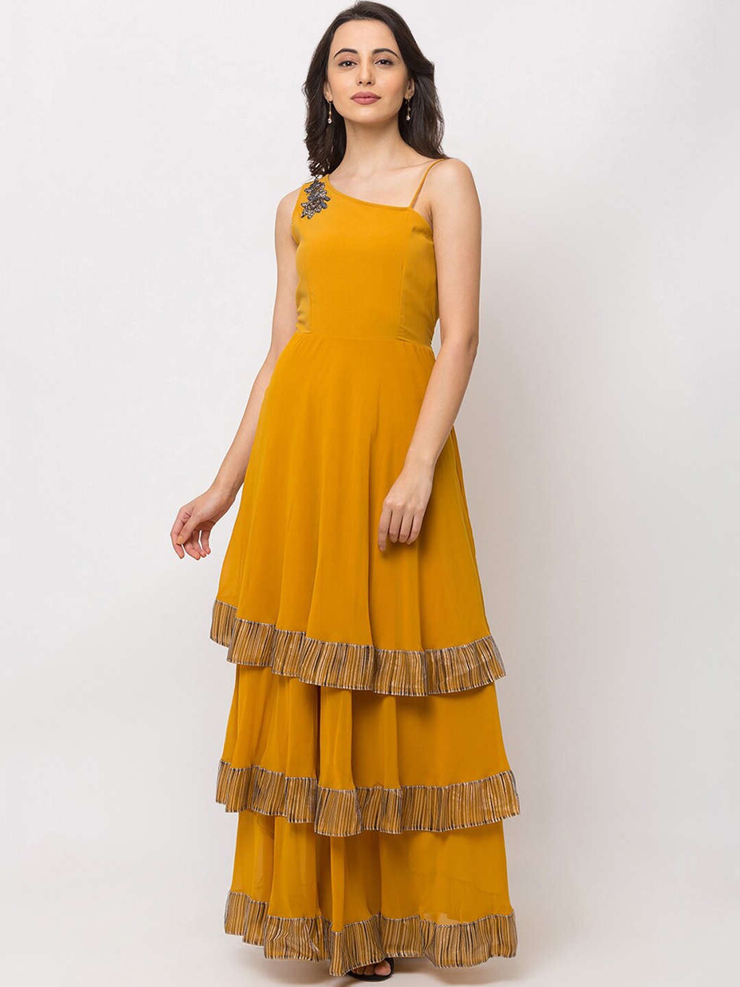 SHECZZAR Women Mustard Yellow Embellished Maxi Dress