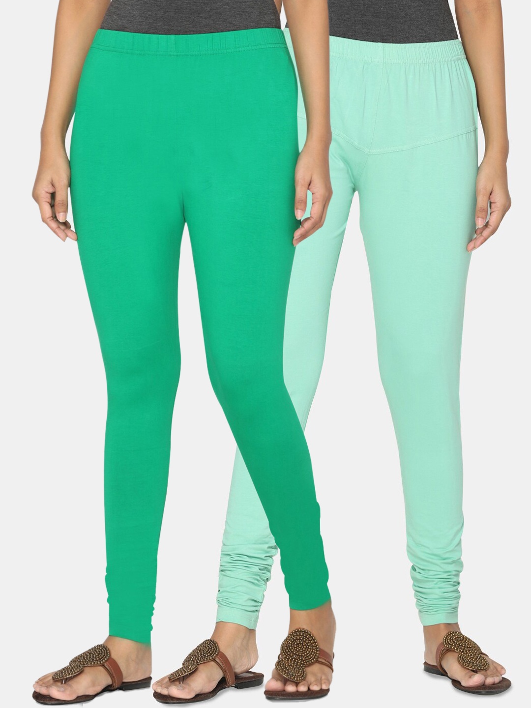 

TSG Bliss Women Pack Of 2 Green & Blue Solid Churidar-Length Leggings
