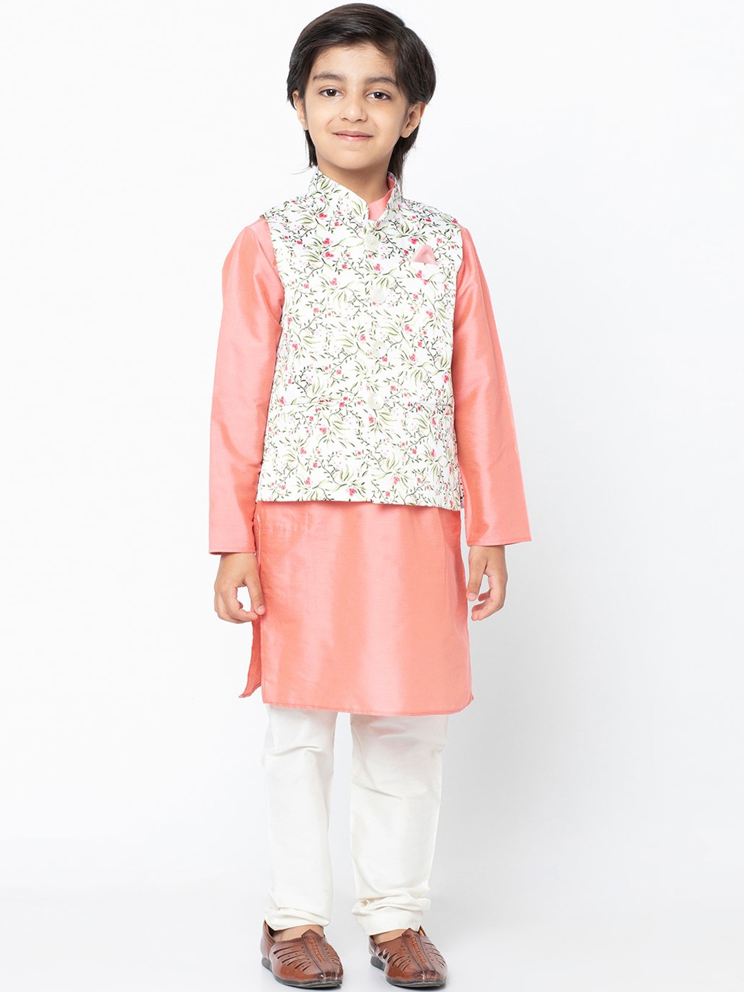 

KISAH Boys White & Peach-Coloured Solid Kurta with Pyjamas