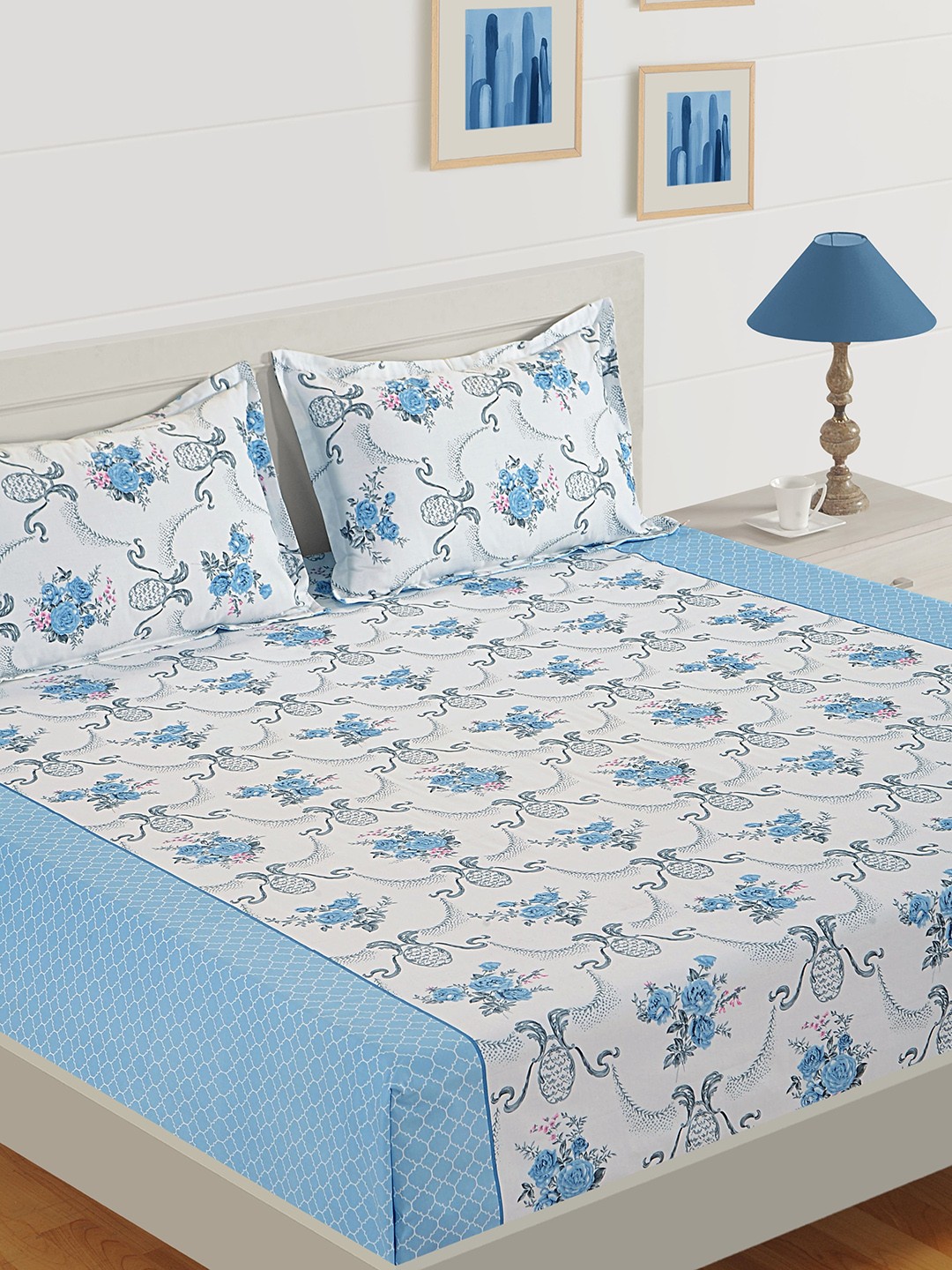 

SWAYAM White & Blue Floral Printed Fitted Double Bed Sheet With 2 Pillow Covers