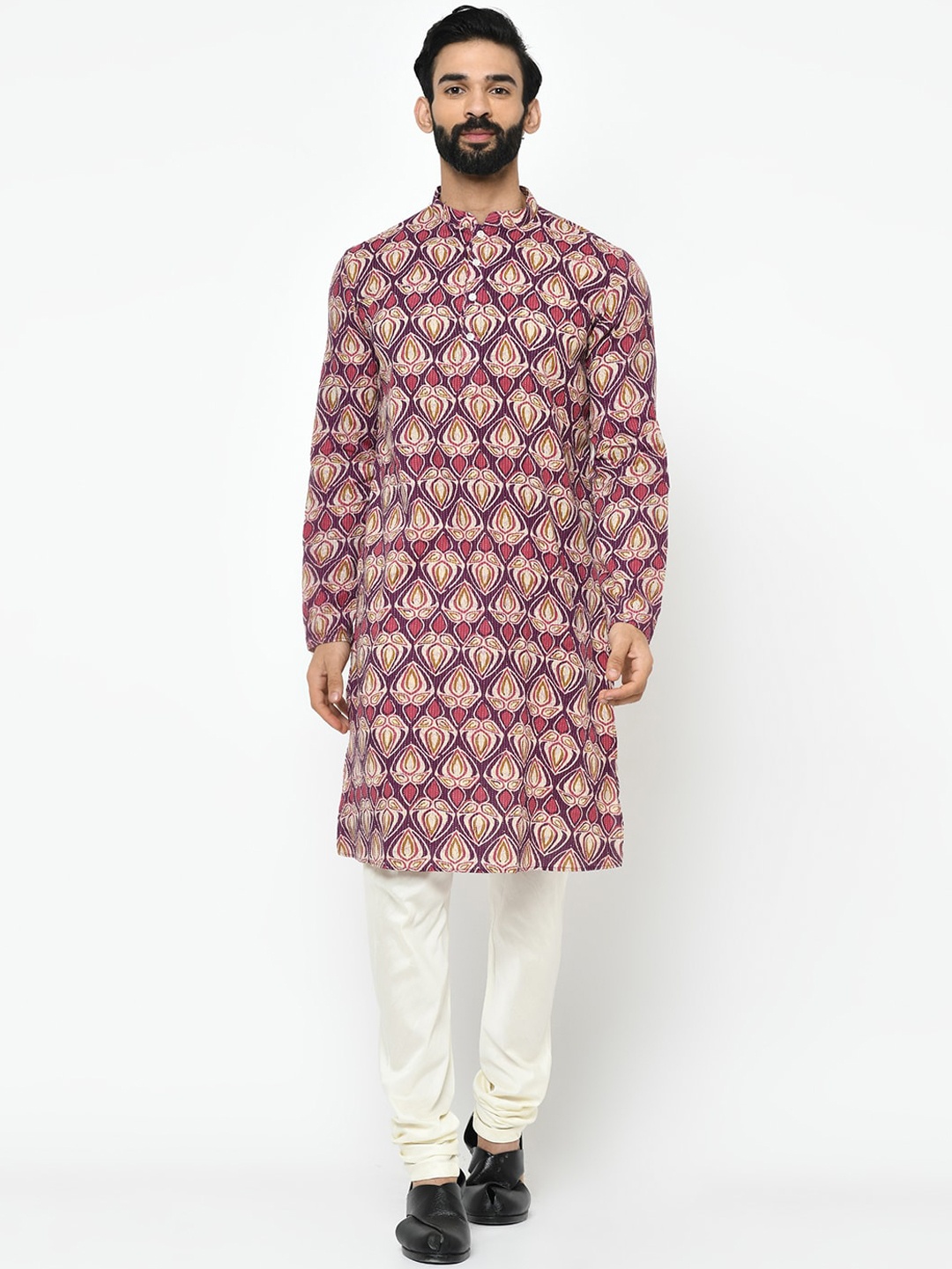 Vartah Men Purple & Cream-Coloured Woven Design Straight Kurta
