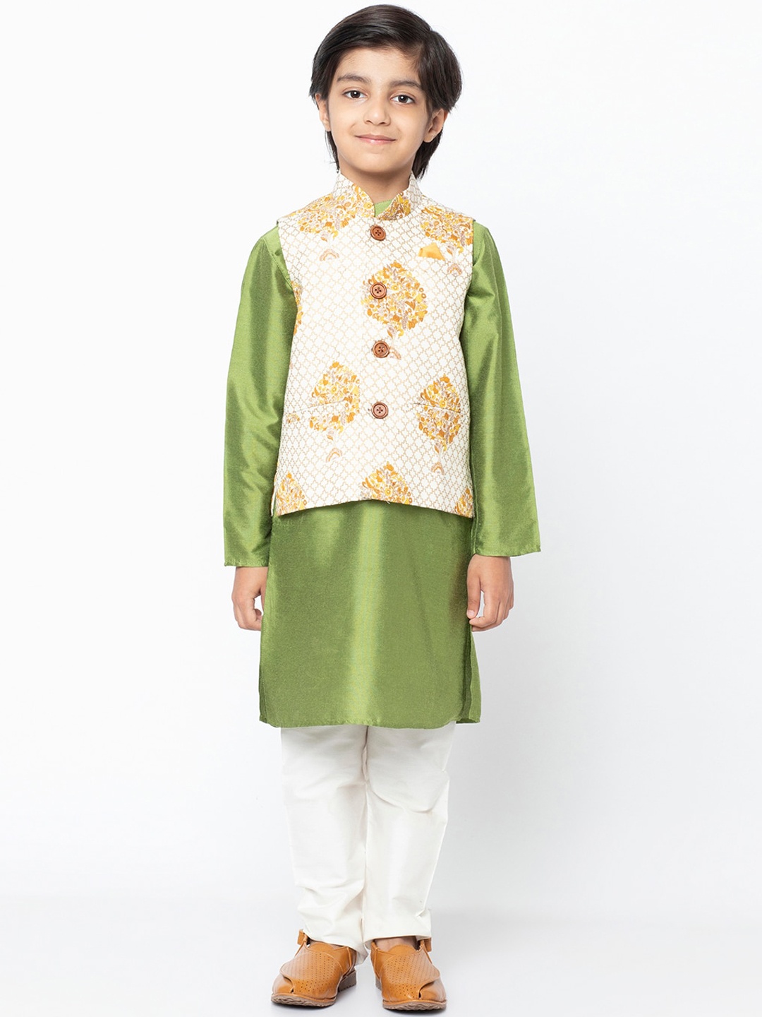 KISAH Boys Cream-Coloured & Green Solid Kurta with Pyjamas