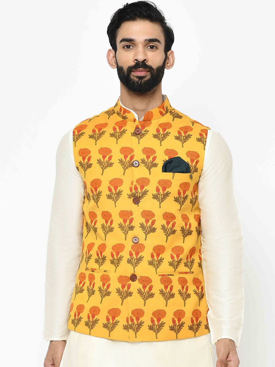 

Vartah Men Mustard Yellow & Orange Floral Printed Nehru Jacket
