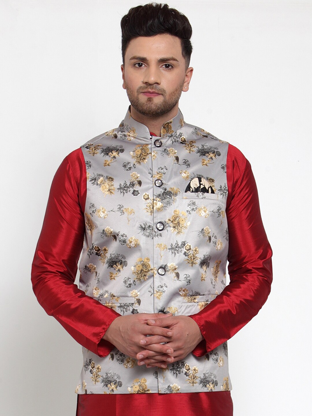

Jompers Men Grey & Black Printed Nehru Jacket