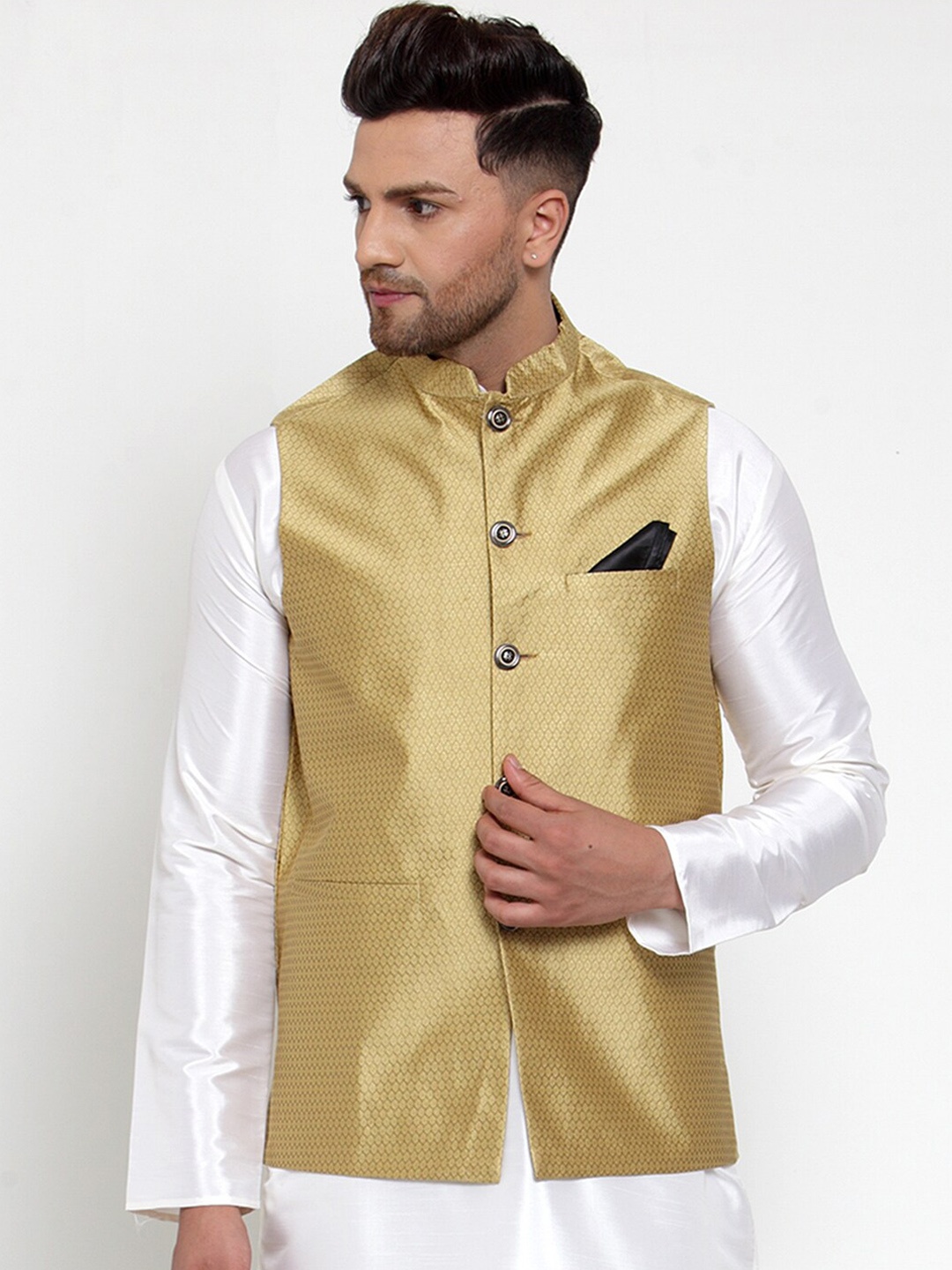 Jompers Men Gold Woven Design Nehru Jacket