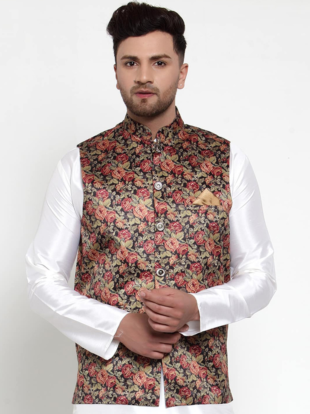 

Jompers Men Black & Red Floral Printed Nehru Jacket