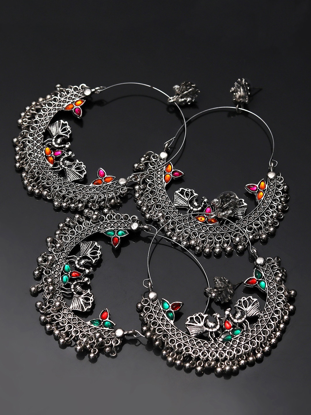 

Yellow Chimes Set Of 2 Silver-Toned Peacock Shaped Oxidised Hoop Earrings