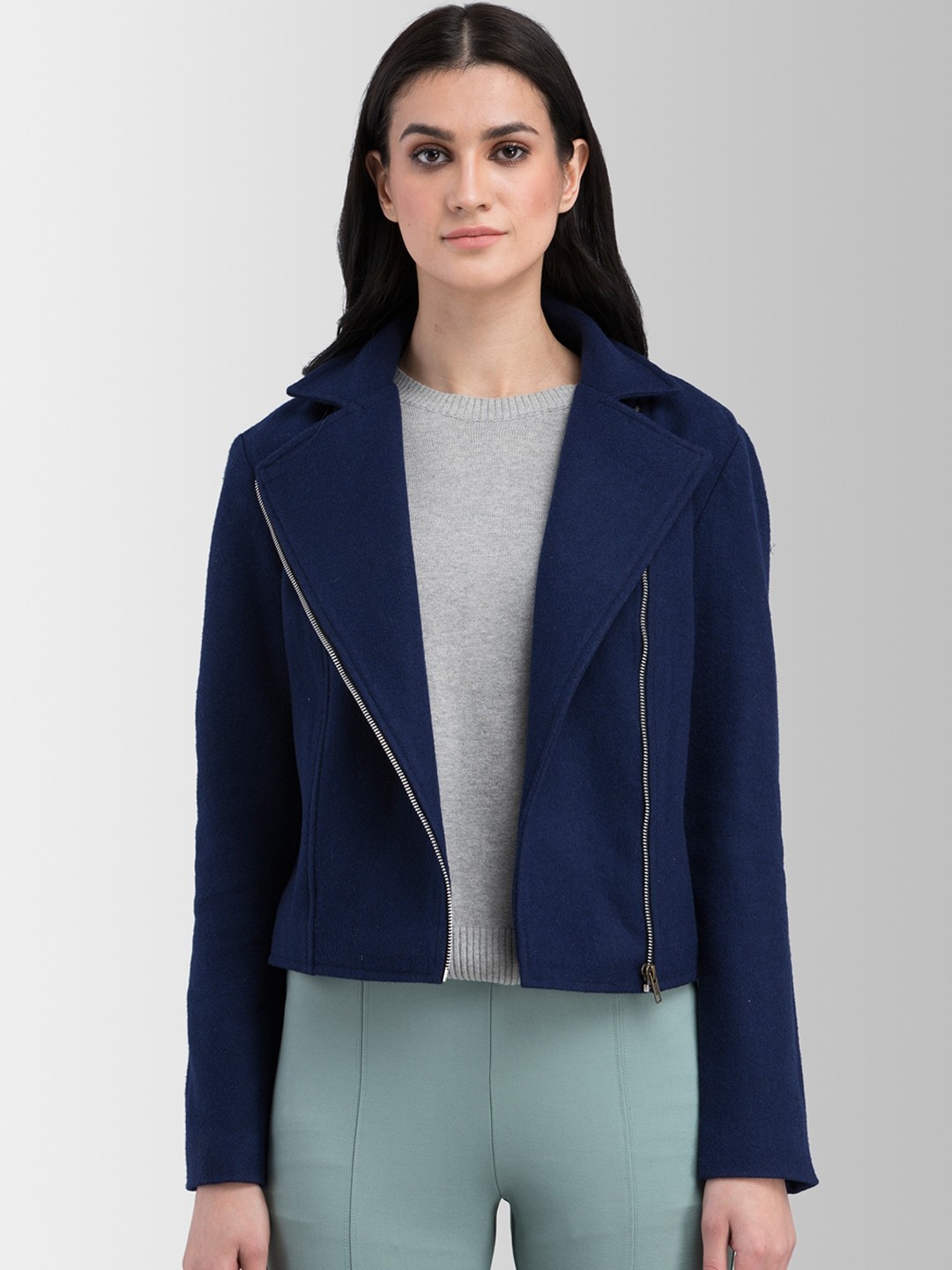 

FableStreet Women Navy Blue Solid Biker Jacket