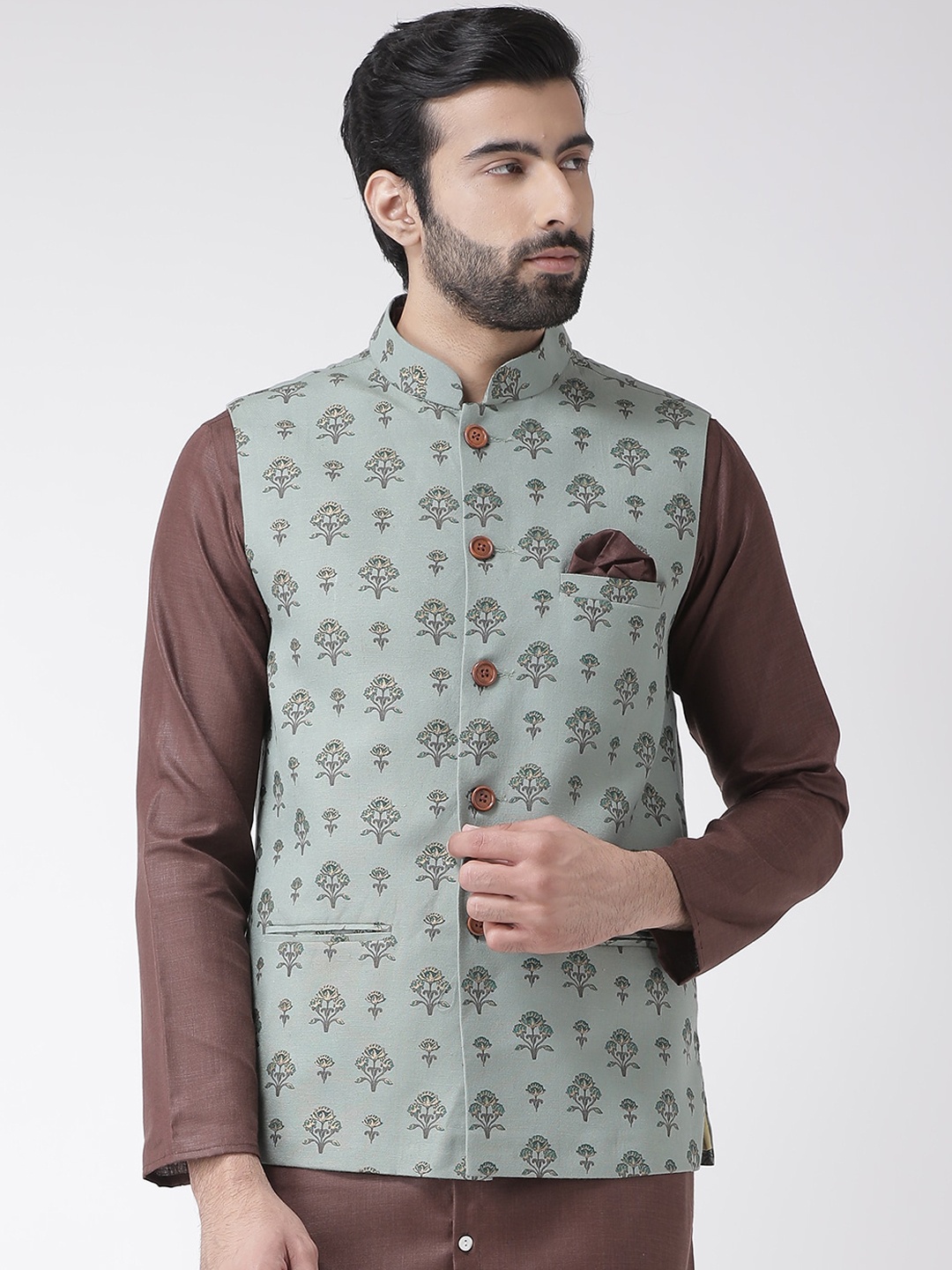 

Vartah Men Sea Green & Grey Printed Woven Nehru Jacket