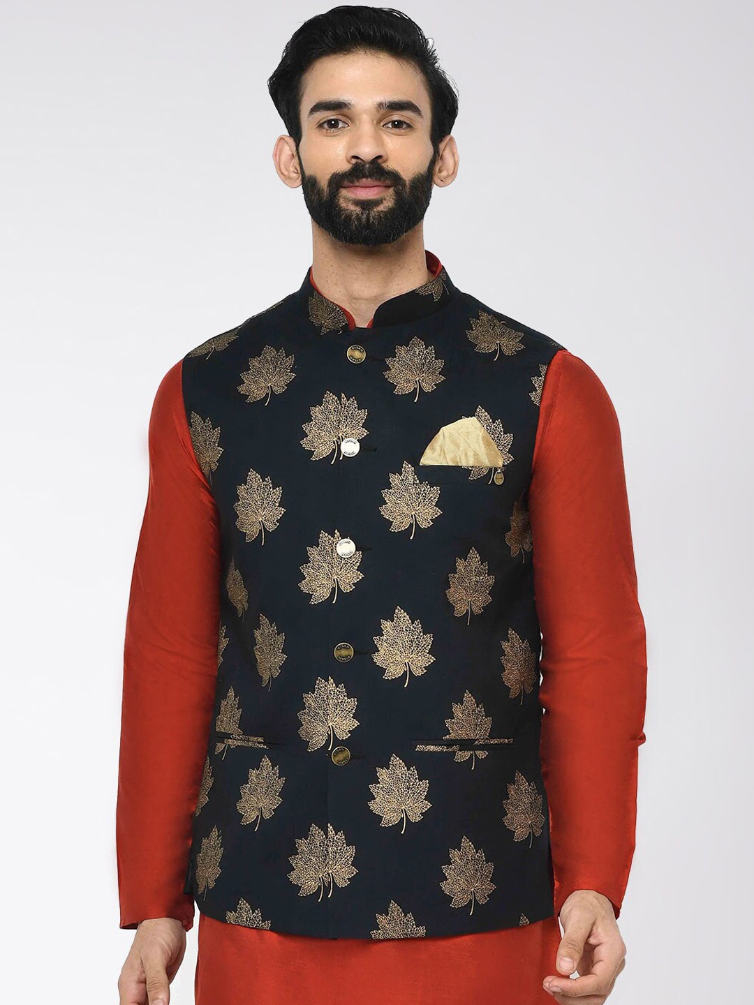 

Vartah Men Black & Gold-Colour Printed Nehru Jacket