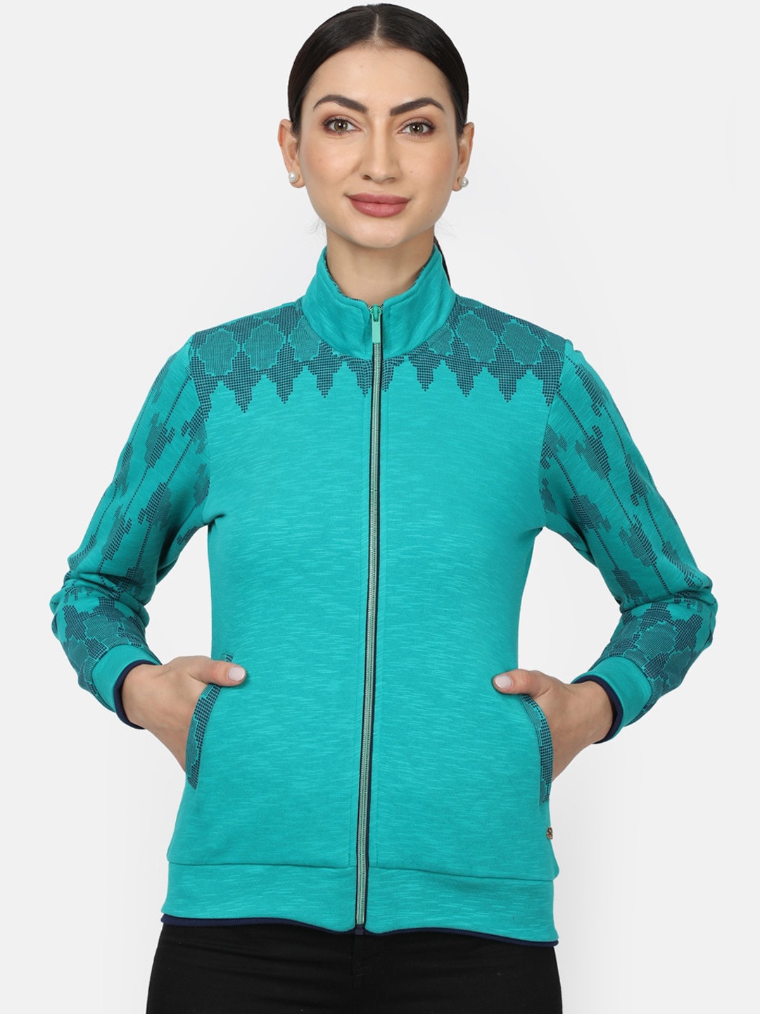 

Monte Carlo Women Teal Blue Self Design Sweatshirt