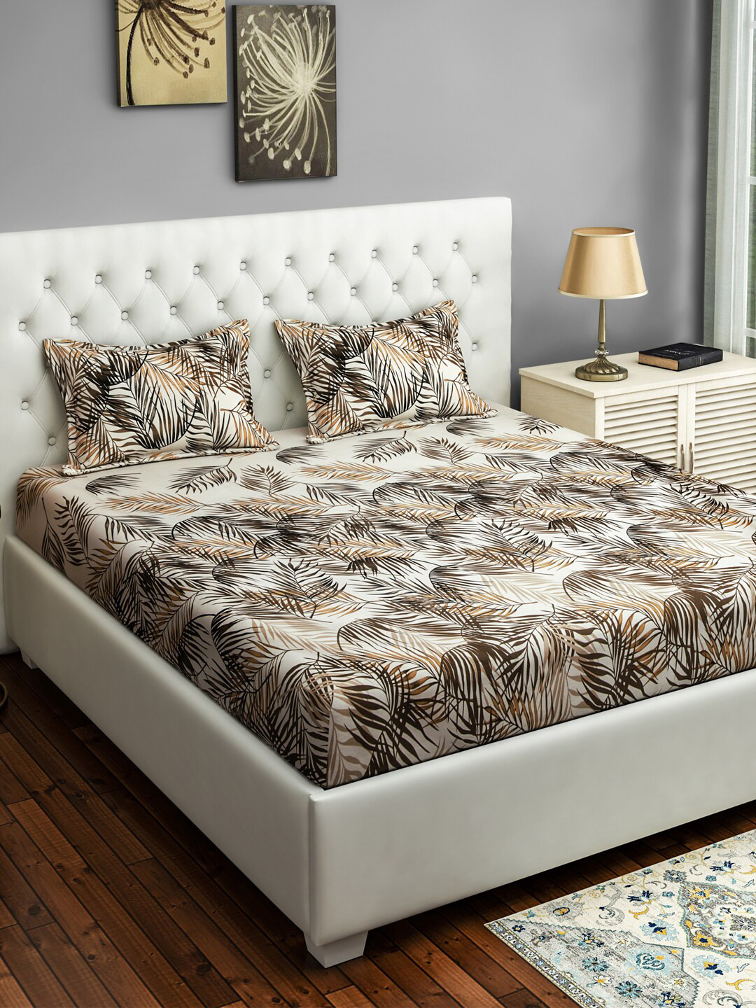 

SWAYAM White & Brown Floral Print 250 TC Cotton Double Queen Bedsheet With 2 Pillow Covers