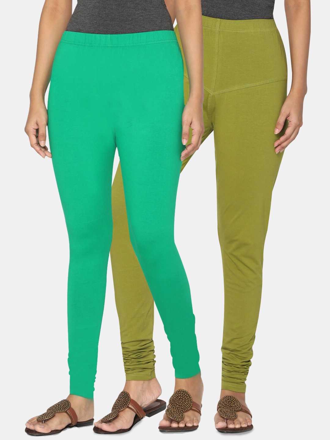 

TSG Bliss Women Pack Of 2 Green & Olive Green Solid Churidar-Length Leggings