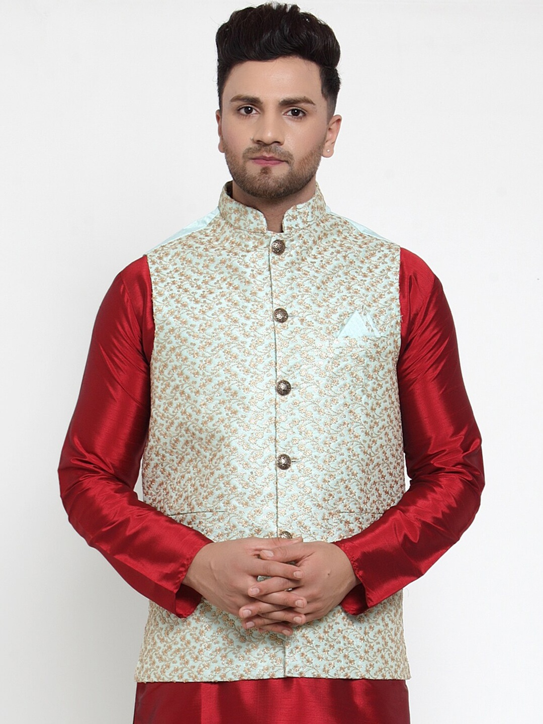 

Jompers Men Blue Embroidered Nehru Jacket
