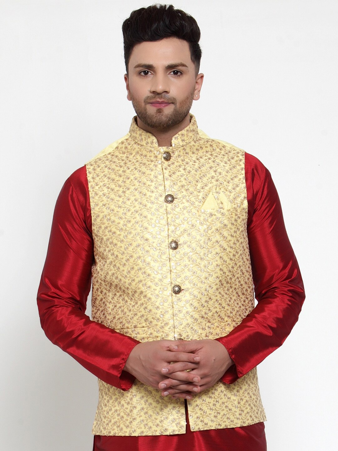 

Jompers Men Yellow & Gold-Coloured Embroidered Nehru Jacket
