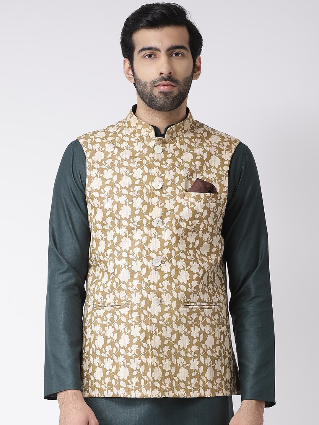 

Vartah Men Beige & Cream Coloured Woven Floral Printed Nehru Jacket